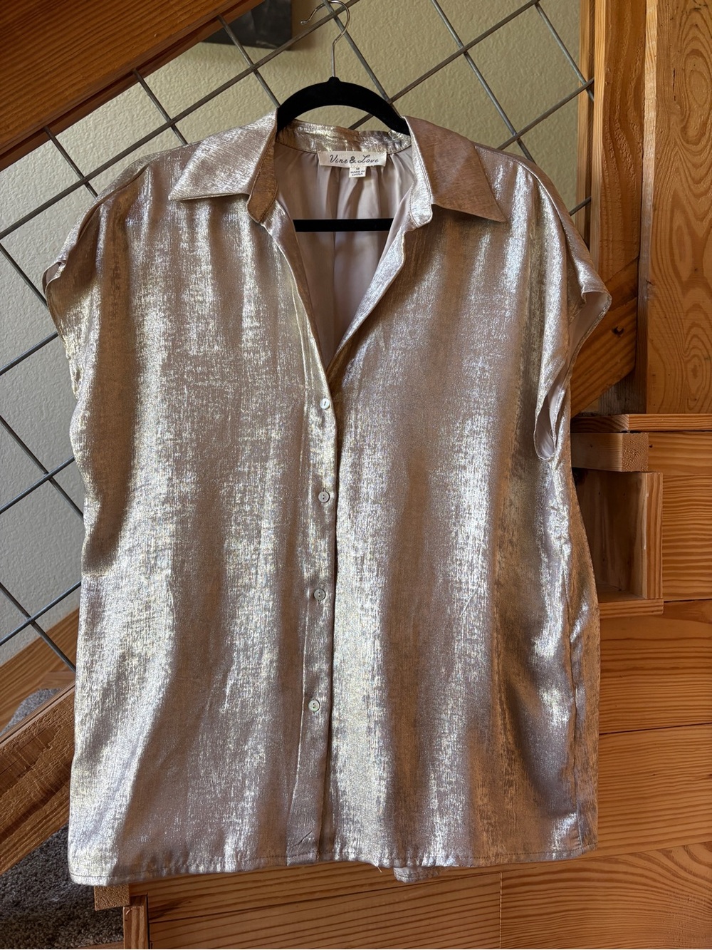 Metallic Cap-Sleeve Button-Front Blouse